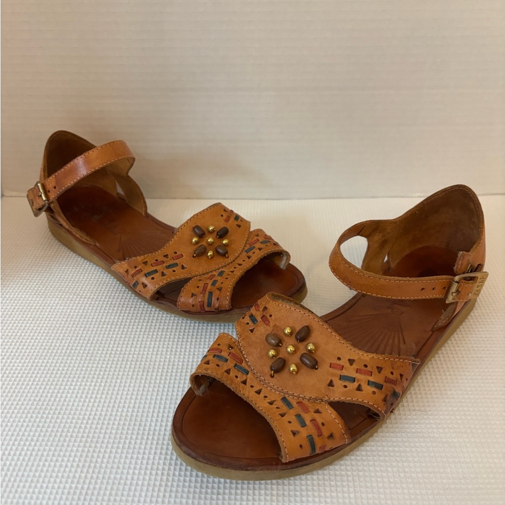 Women's Tan Vintage Embellished Ankle-Strap Sandals